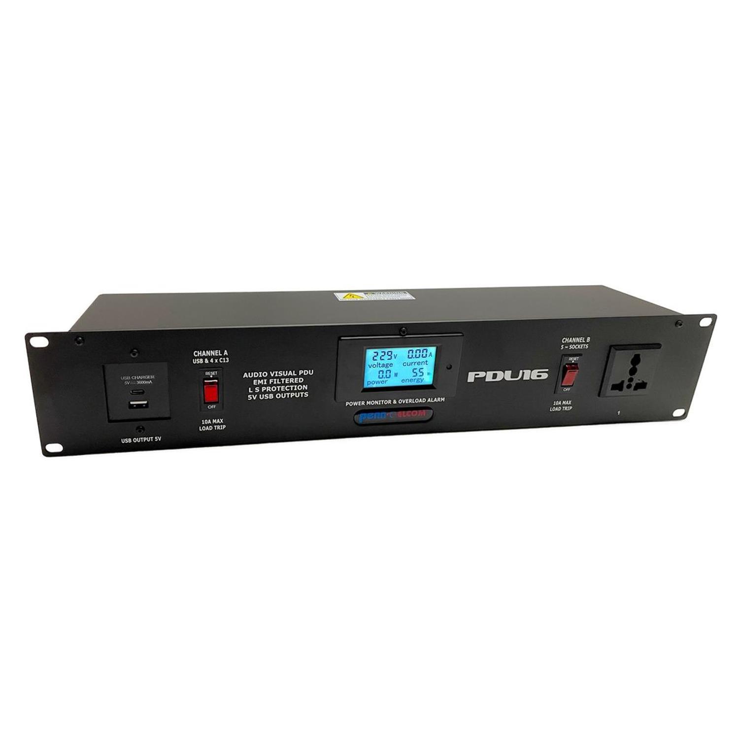 Penn Elcom 2U 20 Amp Rack Mount PDU with Overload Protection & Power Monitoring (USB/USB-C) - DY Pro Audio