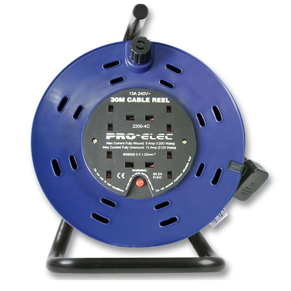 Pro Elec 30m Cable Reel 13A 4 Socket Extension Reel