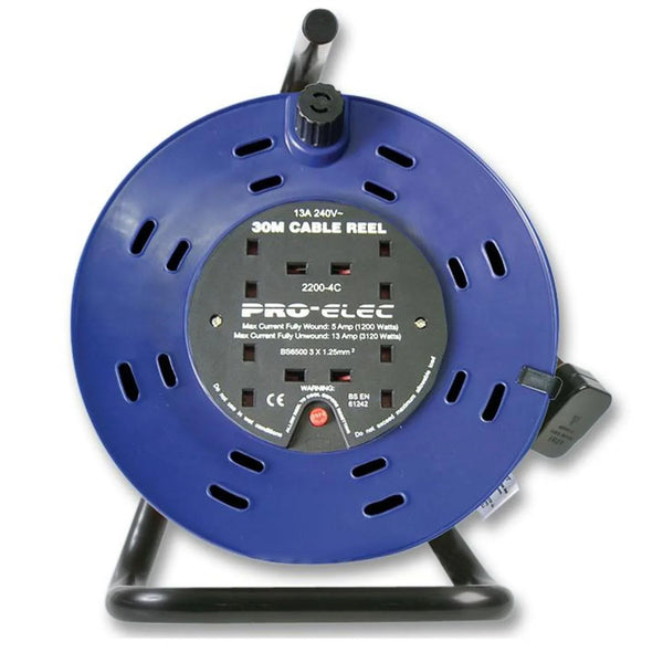 Pro Elec 30m Cable Reel 13A 4 Socket Extension Reel