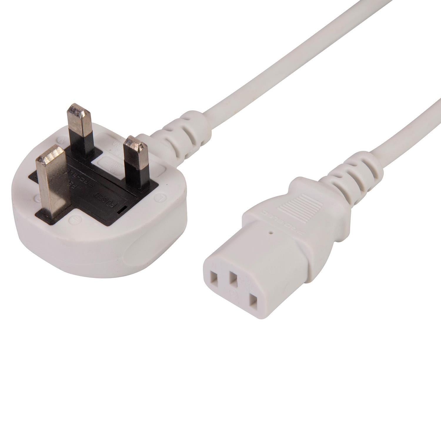 Pro Elec 3m White UK Plug to IEC C13 Power Lead - DY Pro Audio