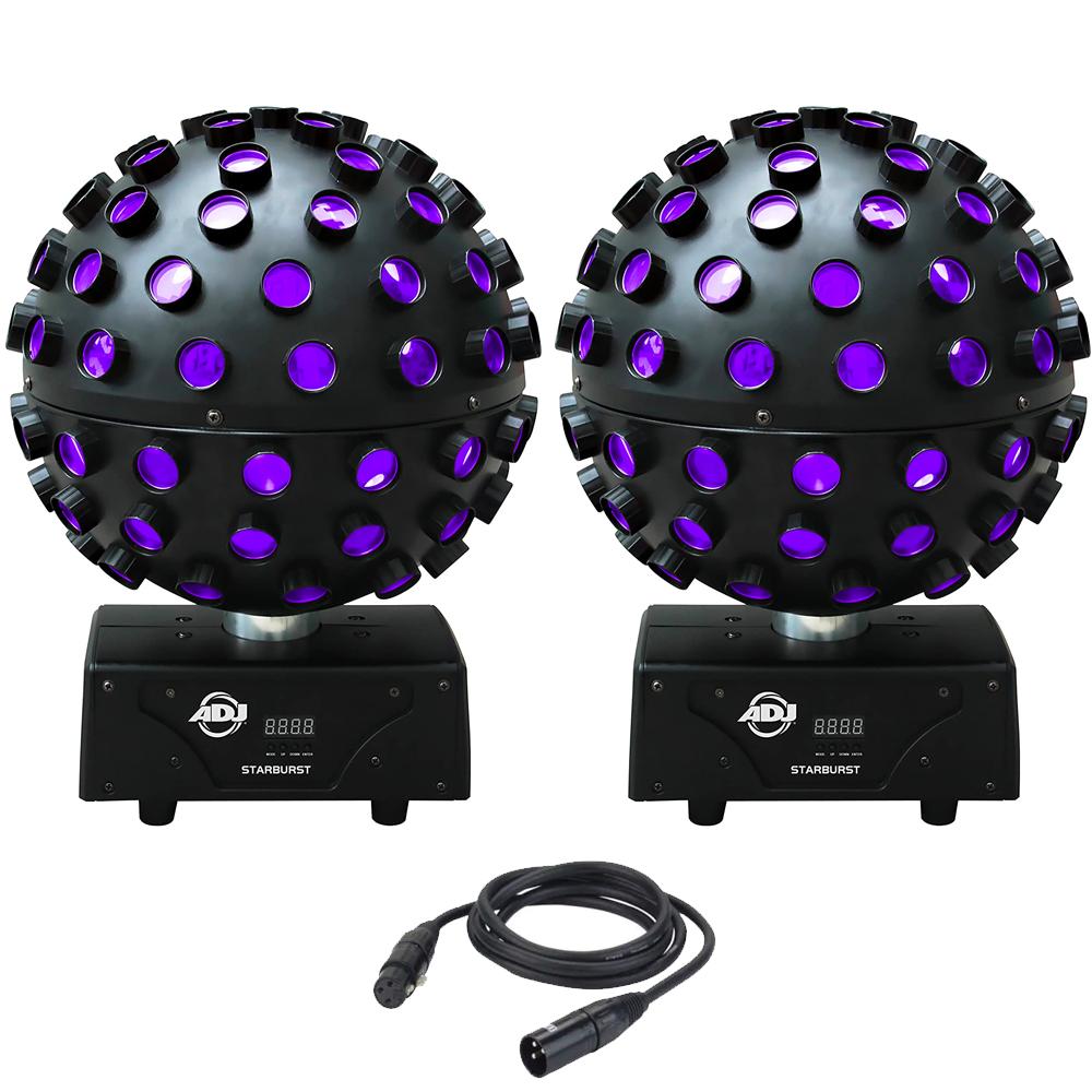 2 x ADJ STARBURST Rotating Retro Party Mirror Ball LED UV DJ Club & DMX Leads - DY Pro Audio
