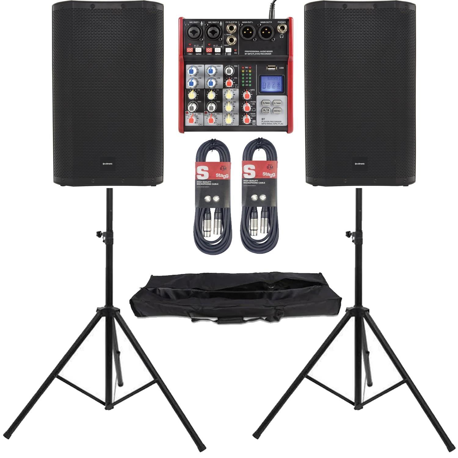 2 x Citronic CASA-12A Active Speakers with Mixer, Stand & Cables - DY Pro Audio