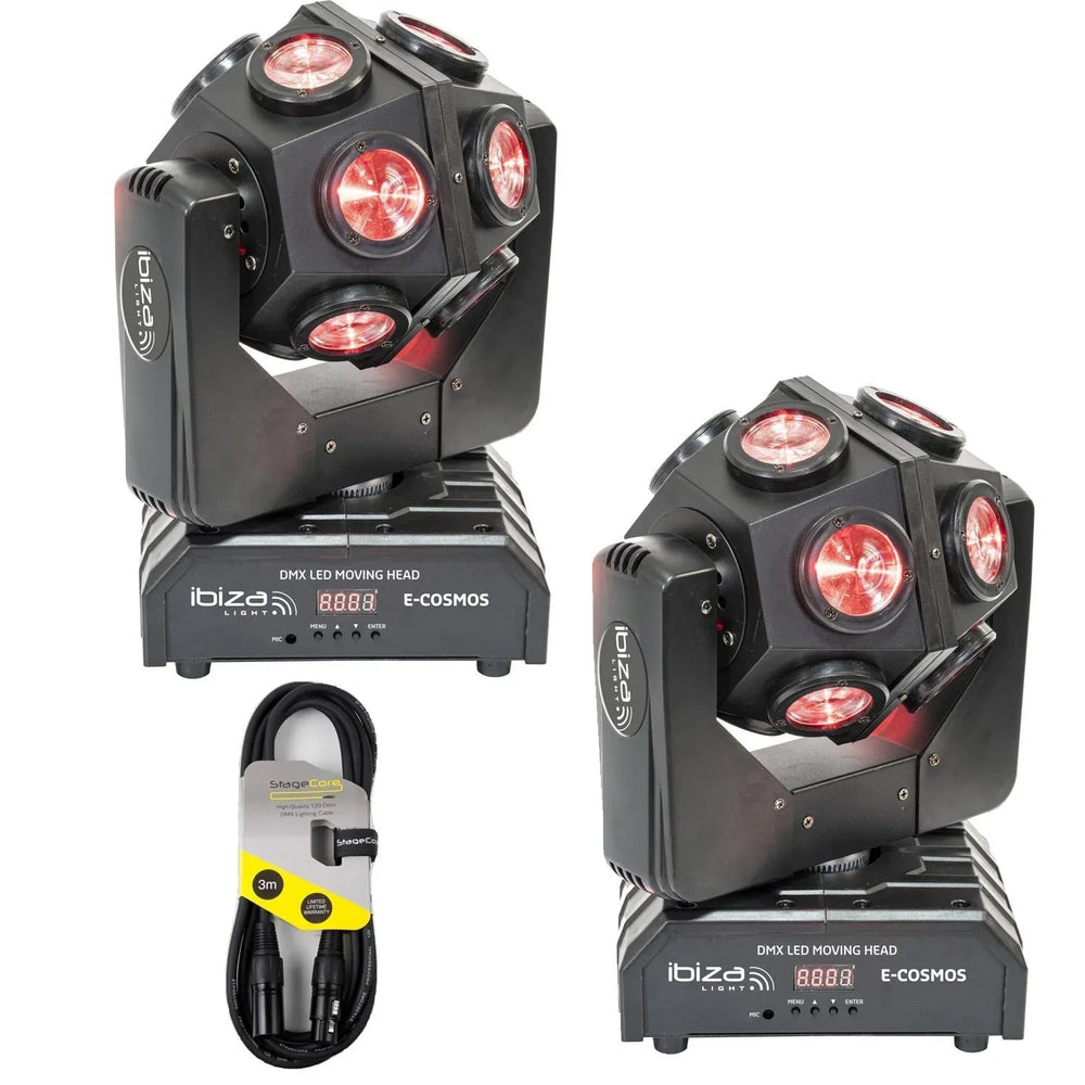 2 X Ibiza E-Cosmos 12 x 10w Retro LED Moving Head with DMX Cable - DY Pro Audio
