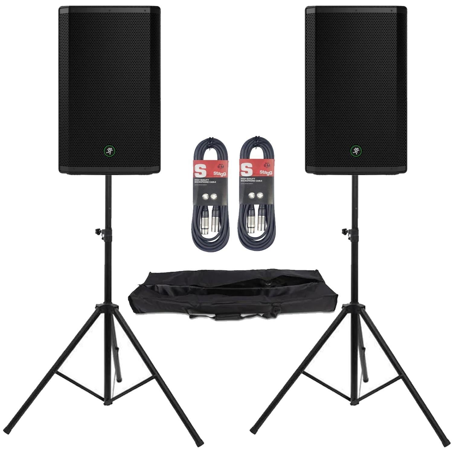 2 x Mackie Thrash 215 12" PA Speaker with Stands and Cables - DY Pro Audio