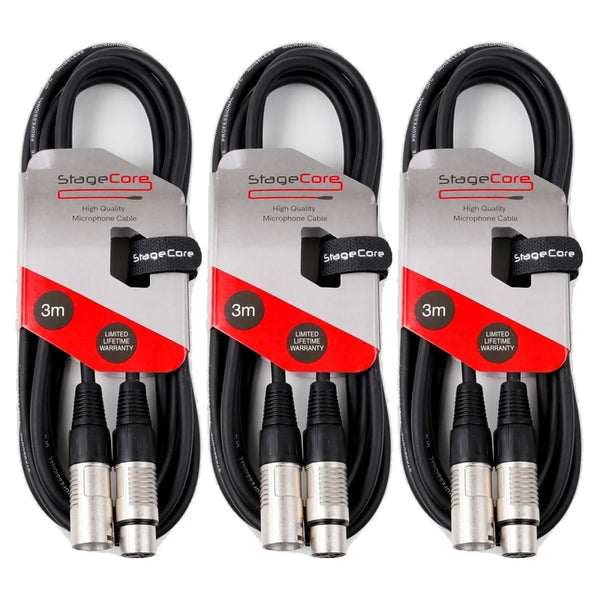 3 x Stagecore 3m XLR Microphone Cable Black