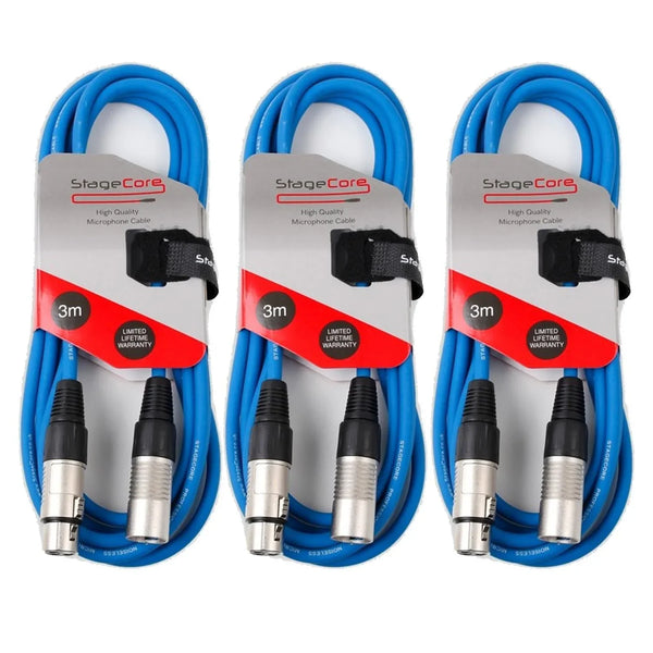 3 x Stagecore 3m Blue XLR Microphone Cable