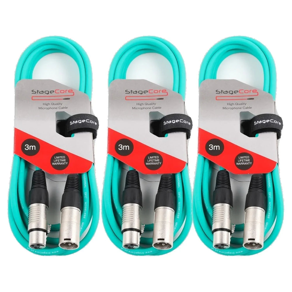3 x Stagecore CORE 350 3m Green XLR Microphone Cable