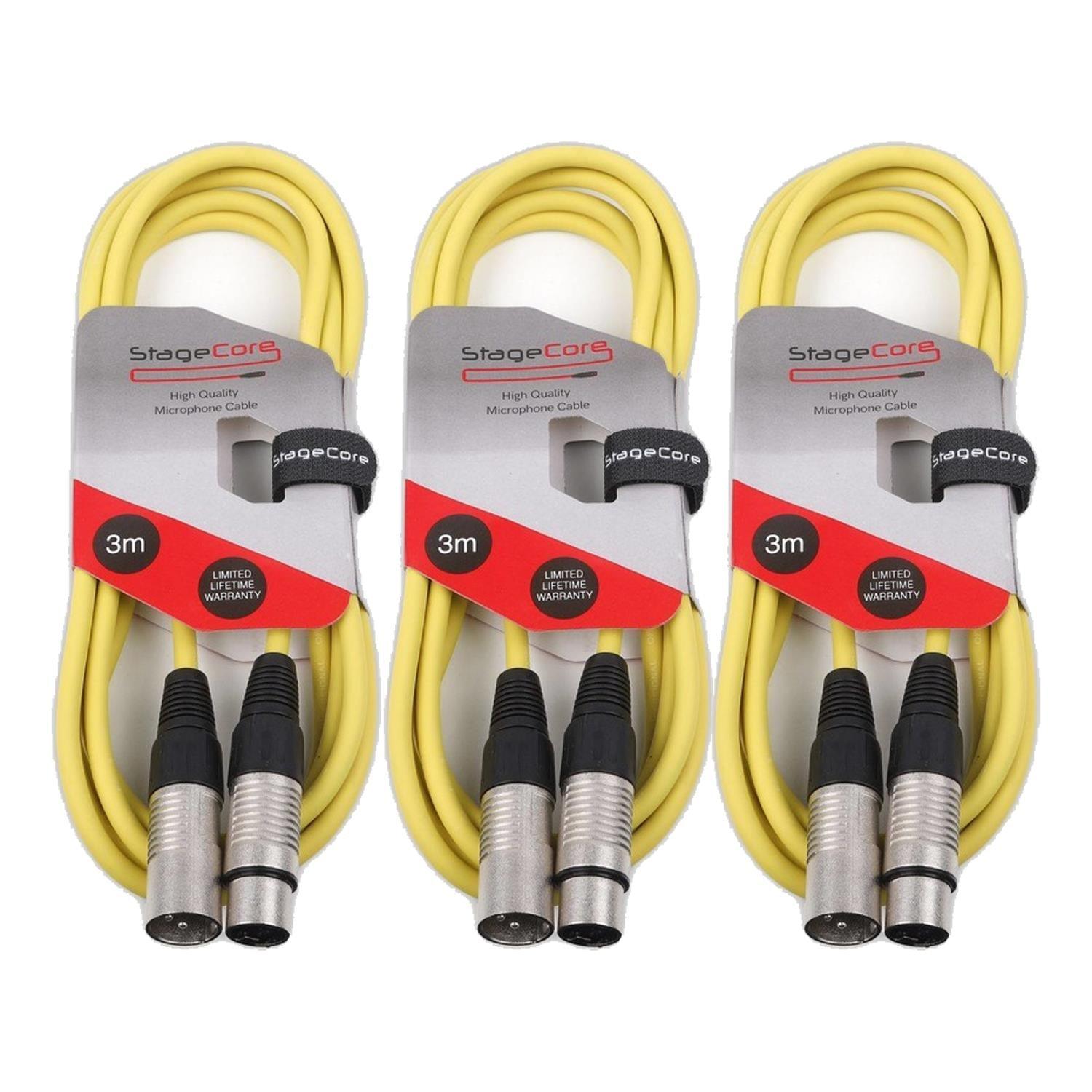 3 x Stagecore CORE 350 3m Yellow XLR Microphone Cable - DY Pro Audio