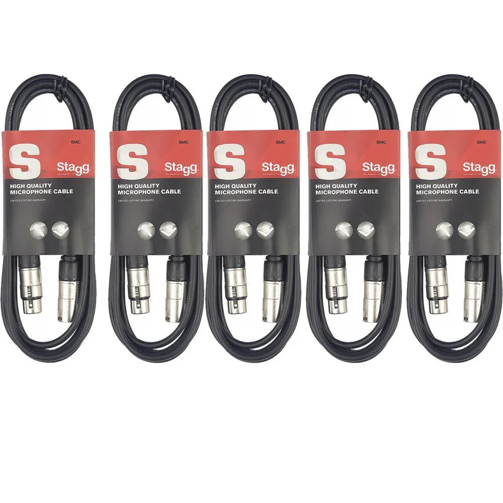5 X Stagg 10M Black XLR Male To Female Microphone Lead - DY Pro Audio