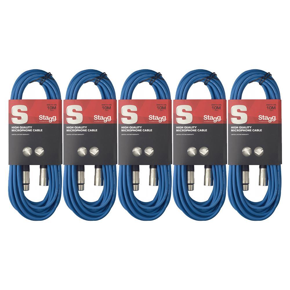 5 X Stagg 10M Blue XLR Male To Female Microphone Lead - DY Pro Audio