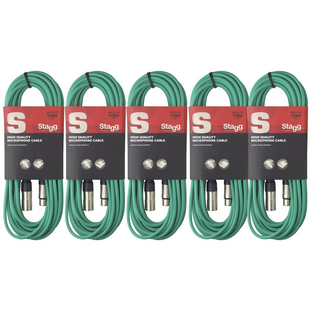 5 X Stagg 10M Green XLR Male To Female Microphone Lead - DY Pro Audio