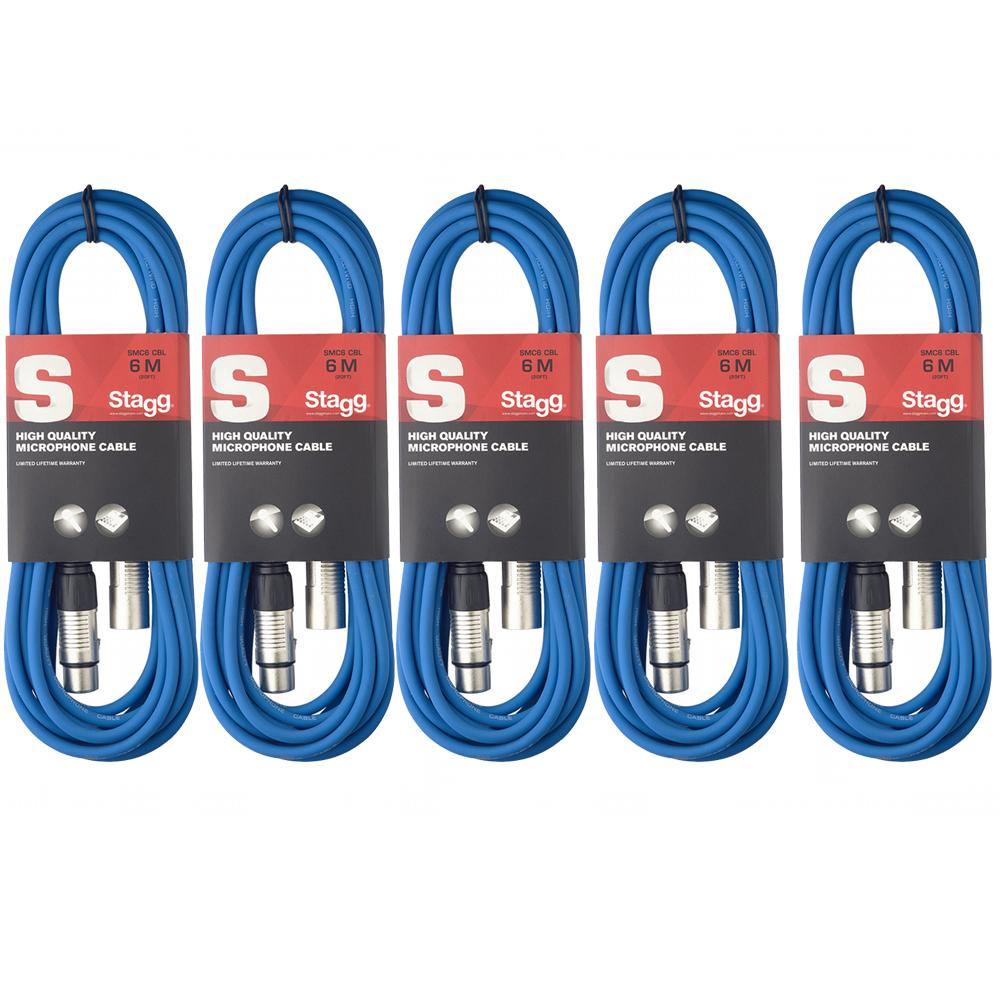 5 x Stagg 6M Blue XLR Male to Female Microphone Lead - DY Pro Audio