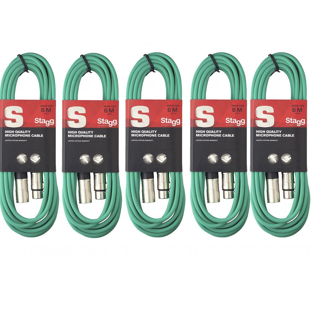 5 x Stagg 6M Green XLR Male to Female Microphone Lead - DY Pro Audio