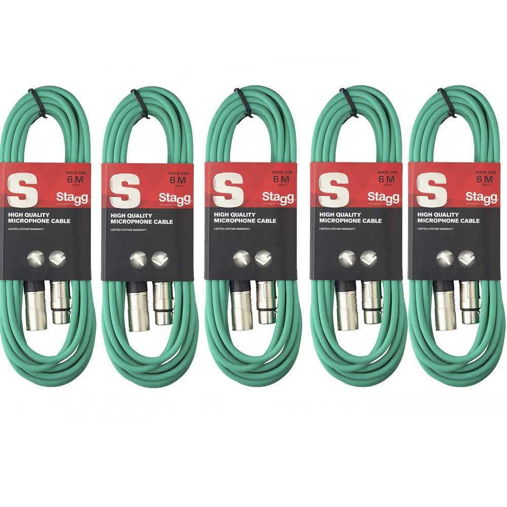 5 x Stagg 6M Green XLR Male to Female Microphone Lead - DY Pro Audio