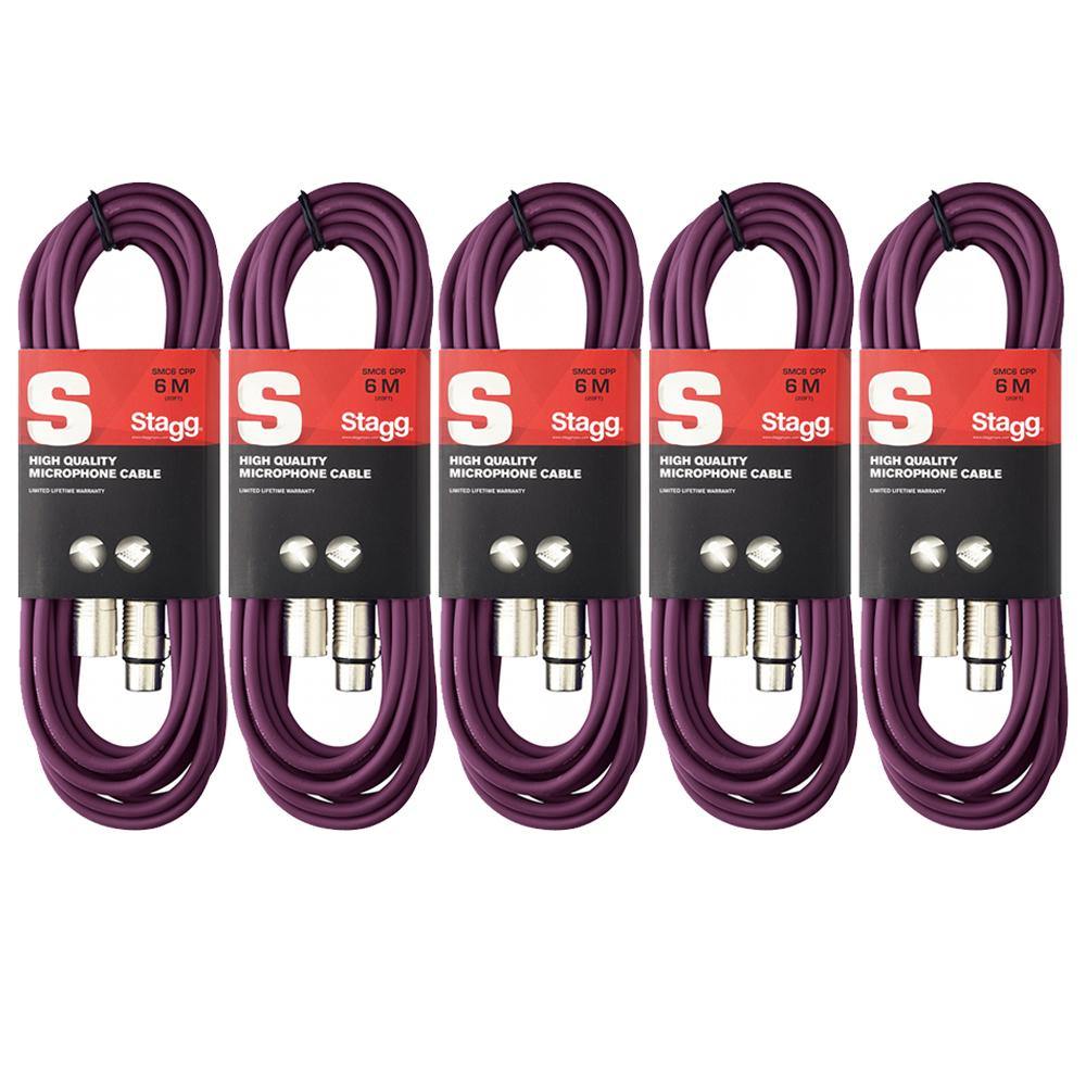 5 x Stagg 6M Purple XLR Male to Female Microphone Lead - DY Pro Audio
