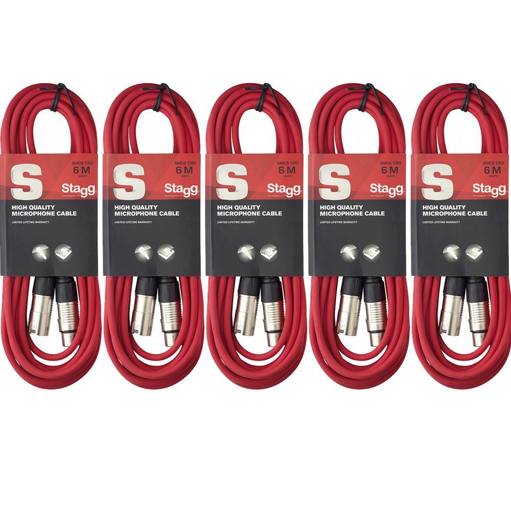 5 x Stagg 6M Red XLR Male to Female Microphone Lead - DY Pro Audio