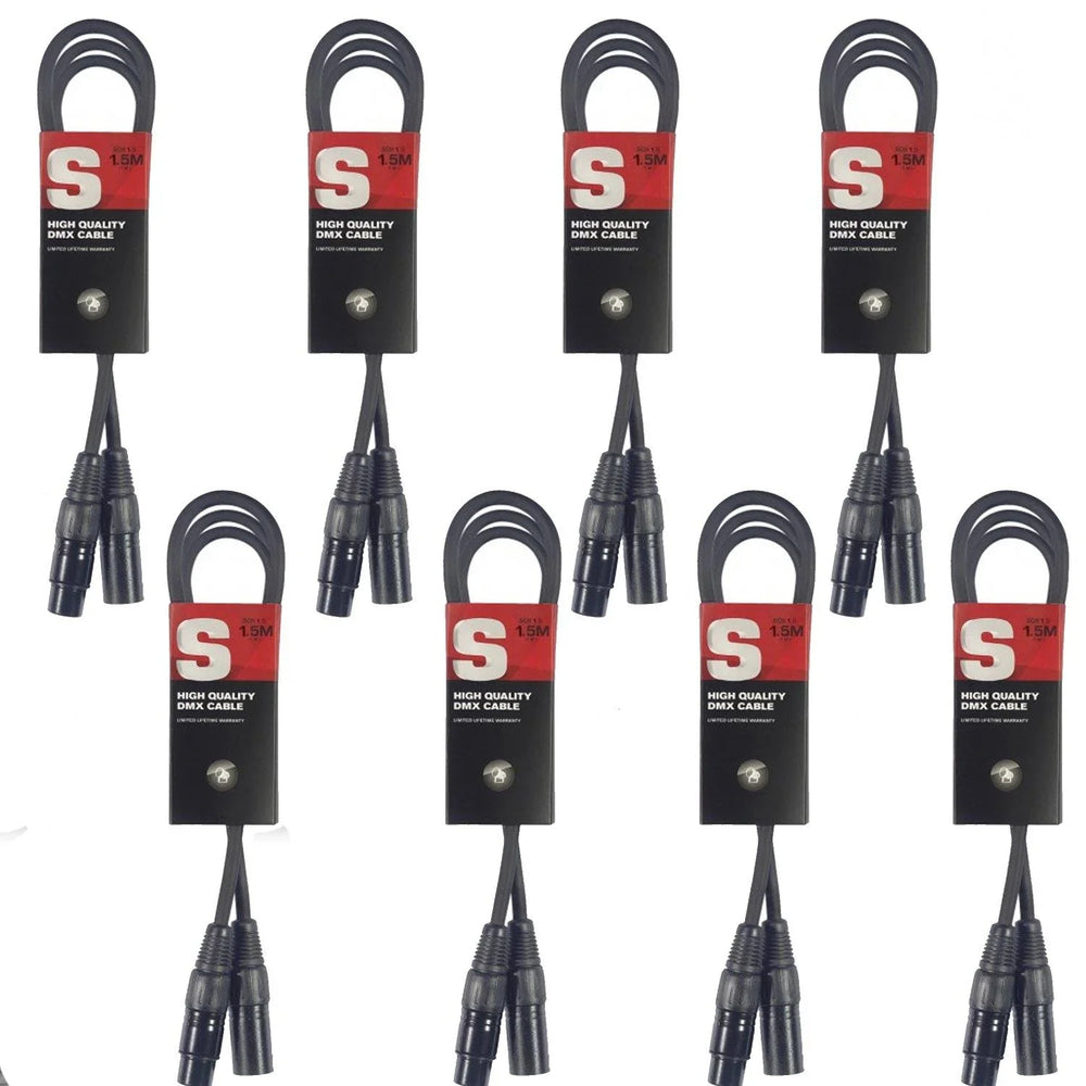 8 x Stagg 1.5M Black DMX Lighting Cable (3 Pin) - DY Pro Audio