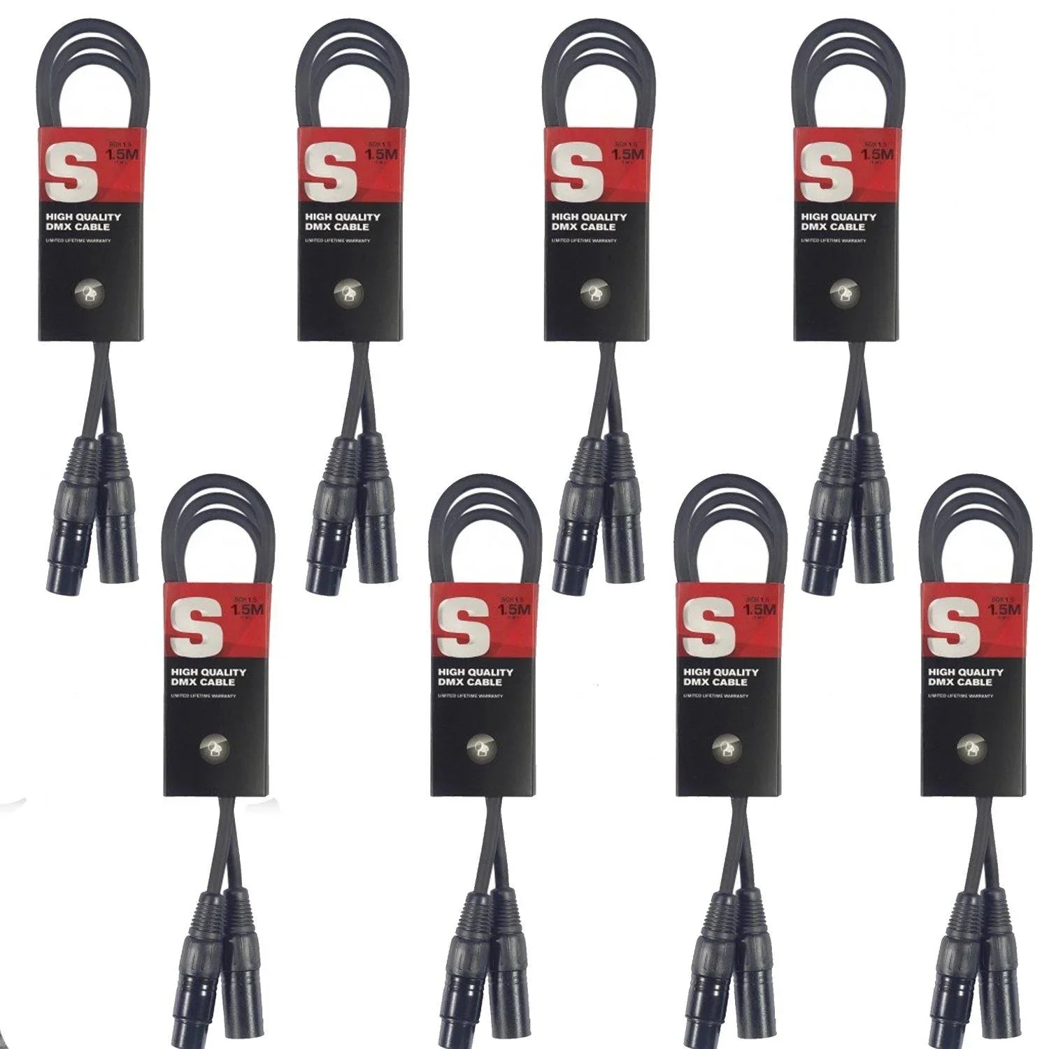 8 x Stagg 1.5M Black DMX Lighting Cable (3 Pin) - DY Pro Audio