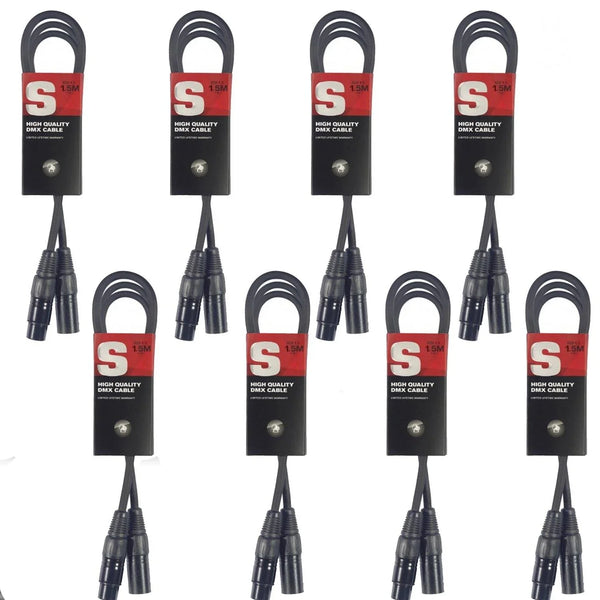 8 x Stagg 1.5M Black DMX Lighting Cable (3 Pin)