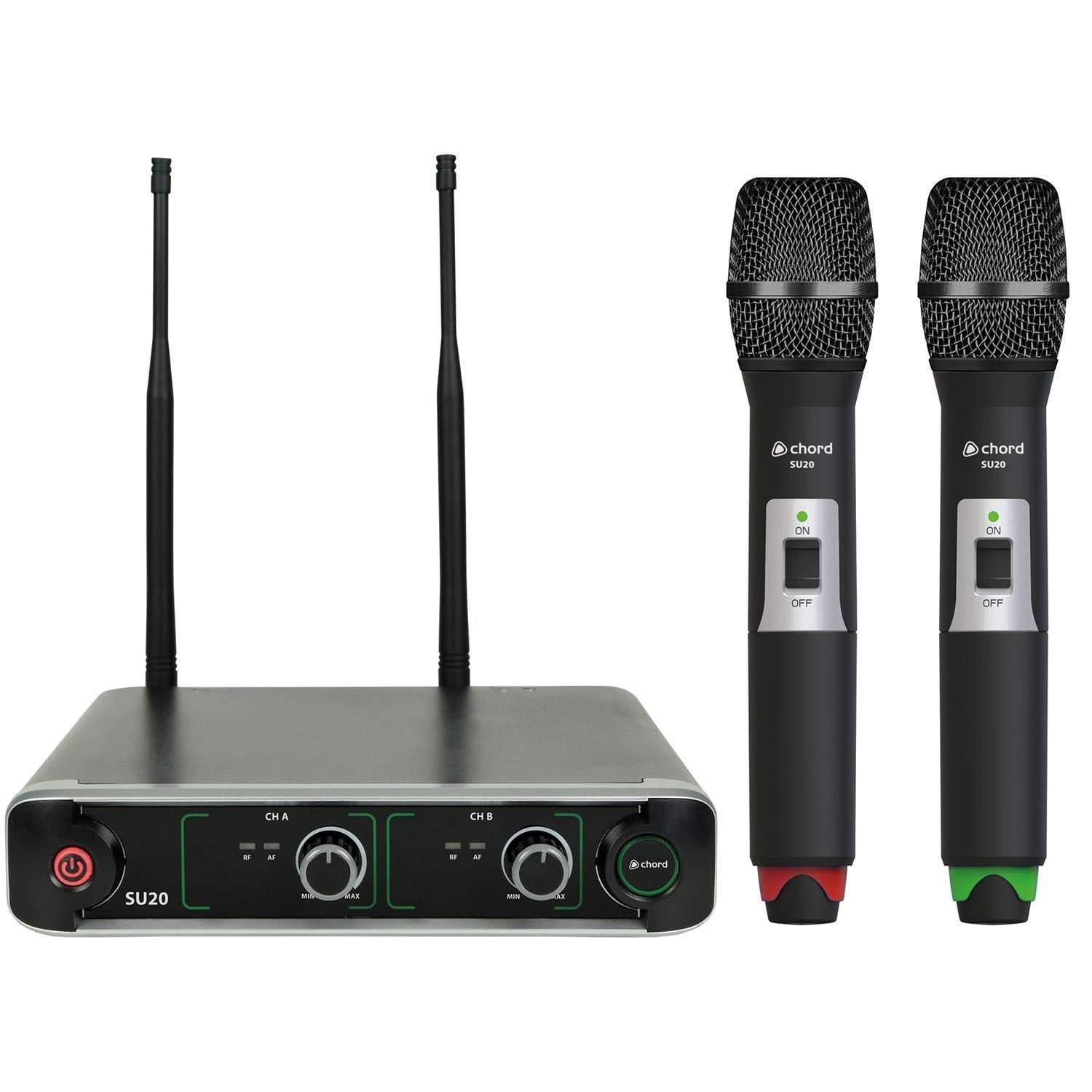 Chord SU20 Dual UHF Handheld Microphone Set Red + Green - DY Pro Audio