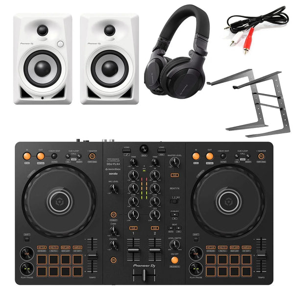 Pioneer DDJ-FLX4, DM-40 White, Laptop Stand & Headphones Bundle - DY Pro Audio