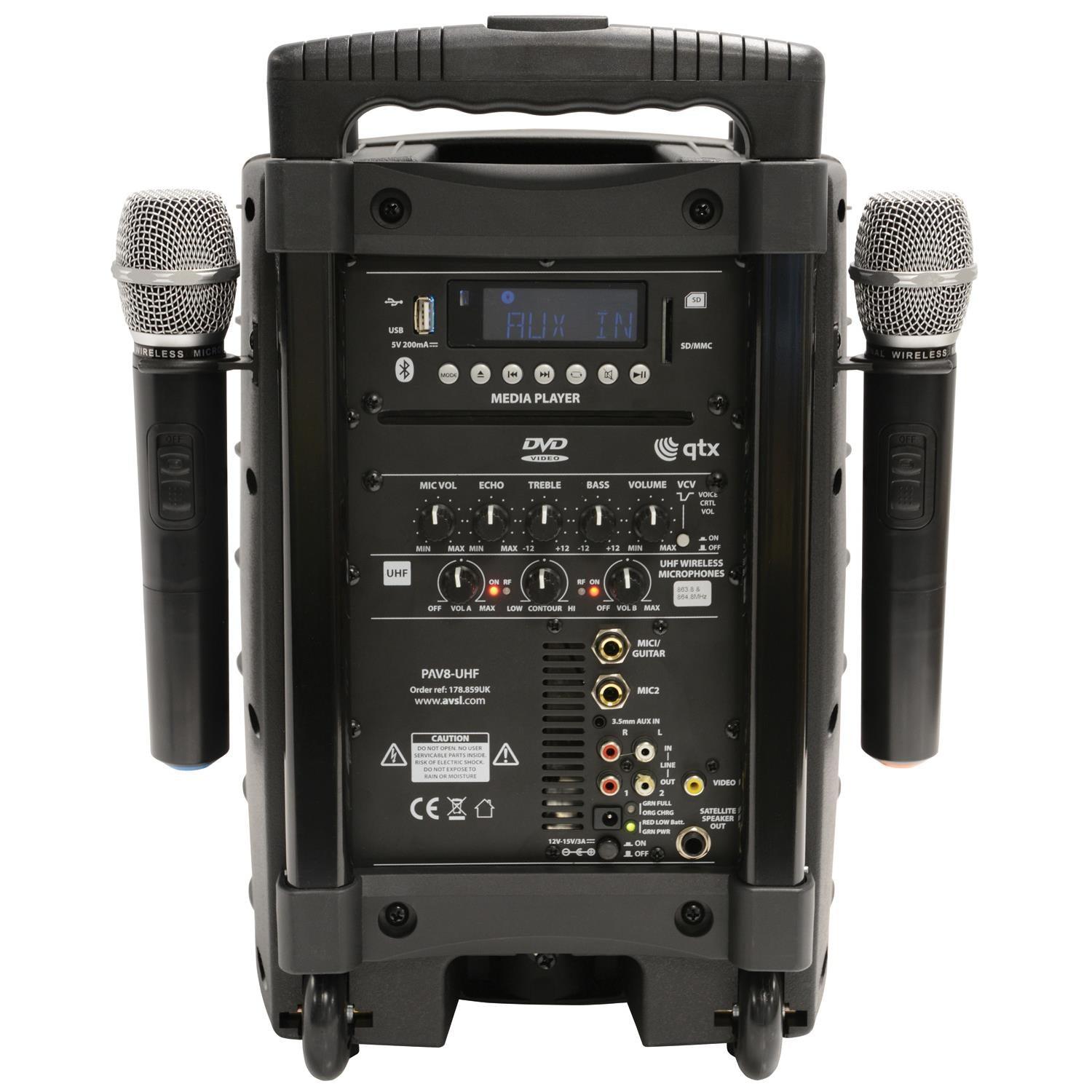 QTX PAV8 portable PA set + 2 UHF mics, CD/DVD, USB/SD & Bluetooth - DY Pro Audio