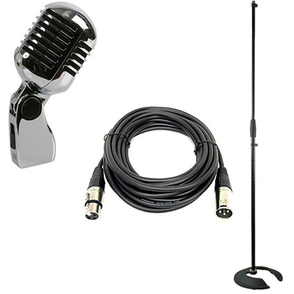 Retro 50's Vintage Microphone Chrome Wired Vocal Elvis with XLR Cable & Stand - DY Pro Audio