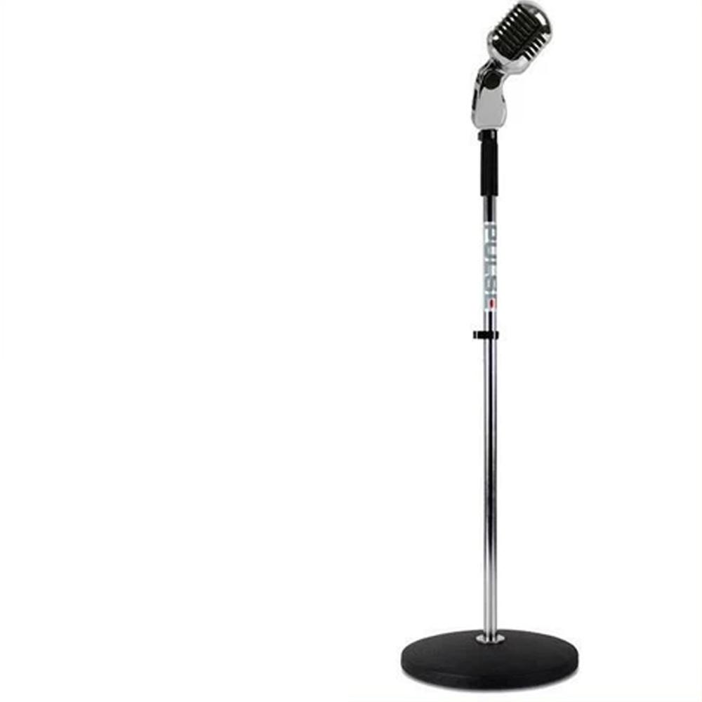 Silver Retro Round Base Mic Stand with 50s Style Dynamic Microphone Musician Gig - DY Pro Audio